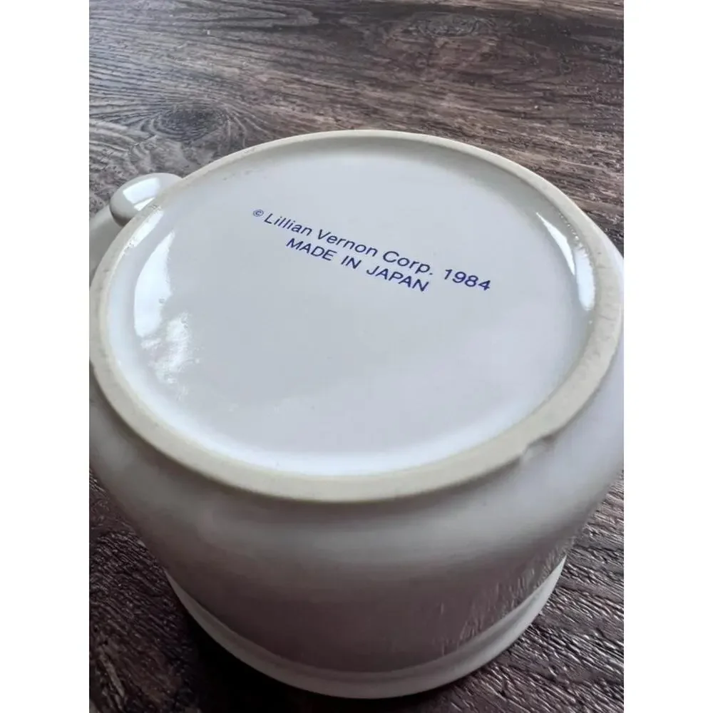 Vintage Lillian Vernon Covered Stoneware Jar, Blue White Cottage Canister